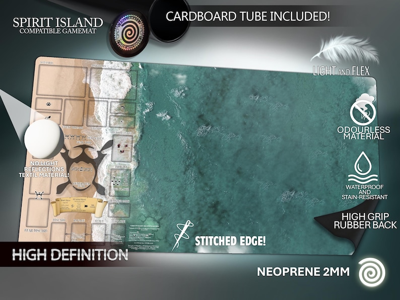 May include: A high-definition Spirit Island compatible gamemat with a beach and ocean design. Features include a stitched edge, high-grip rubber back, and is waterproof and stain-resistant. Includes a cardboard tube. The mat is made of 2mm neoprene.