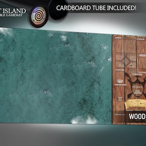 May include: A Spirit Island compatible game mat with a teal ocean design and a wooden right side. The mat includes the text "WOOD RIGHT" and "CARDBOARD TUBE INCLUDED!" The game mat is designed for board games.