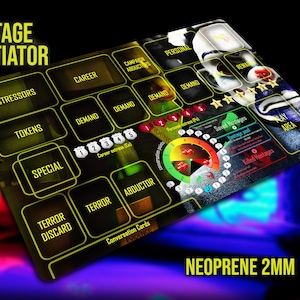 May include: A yellow and black game board with the title "Hostage Negotiator". The board features a clown face with a black and white paint design. The board includes spaces for "Stressors", "Tokens", "Special", "Terror Discard", "Terror", "Abductor", "Demand", "Career", "Campaign", "Personal", "Reward", "Key Area", "Success", "Saved Hostages", "Hostage Pool", "Killed Hostages".