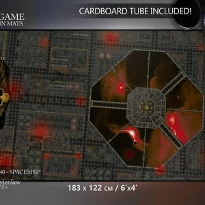 May include: A rectangular wargame terrain mat featuring a dark industrial spaceship interior design with red glowing accents, a large octagonal central structure, and a winged skull emblem. The mat measures 6'x4' and includes a cardboard tube.