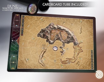 May include: A Dune: War for Arrakis compatible game mat with a detailed map of Arrakis. The mat features a brown and tan color scheme with a dark green border. A cardboard tube is included for storage. The text "DUNE: WAR FOR ARRAKIS COMPATIBLE GAMEMAT" is visible.