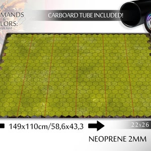 May include: A green hexagonal game mat with red lines, measuring 58.6 inches by 43.3 inches. The mat is made of 2mm neoprene and comes with a cardboard tube. The text "COMMANDS & COLORS: GAMEMAT" is printed in the top left corner. The text "CARBOARD TUBE INCLUDED!" is printed in the top right corner. The text "149x110cm/58,6x43,3" is printed below the mat on the left. The text "22x26 Hex" is printed below the mat on the right. The text "NEOPRENE 2MM" is printed below the mat in the centre.