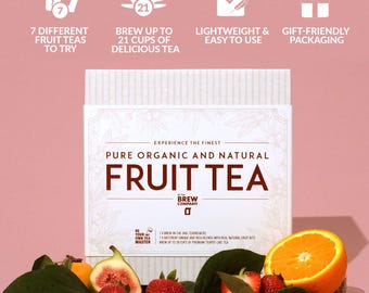 May include: A box of organic and natural fruit tea with a white background and a floral design. The box has a red and white label that says "Pure Organic and Natural Fruit Tea" and "By The Brew Company". The box is surrounded by fresh fruit, including strawberries, oranges, and figs.