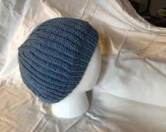 Brioche Hand Knit Blue Hat, LIght blue-gray color, soft and cozy