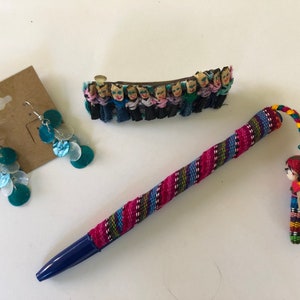 Blue and white shell dangle earrings and Guatemalan Worry Doll Pen and worry doll barrette. 100% Charitable!