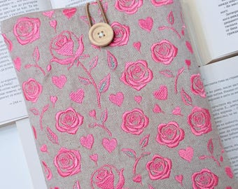 Embroidered Roses Book Sleeve – Handmade Fabric Book Cover