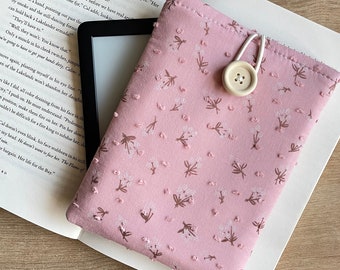 Handmade Floral Kindle Sleeve – Pink Fabric E-Reader Cover with Button