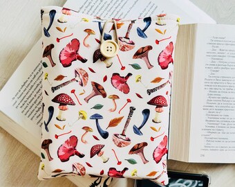 Mushrooms Book Sleeve – Handmade Padded Fabric Cover, Cozy Protector for Books & E-Readers