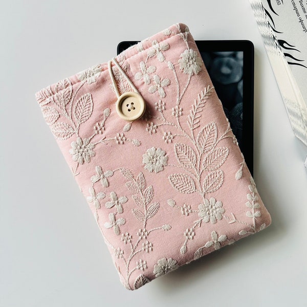 Pink Beige Embroidery Kindle Sleeve, Pink Kindle Paperwhite Cover, Flower Kindle Pouch, Floral Embroidery Kindle Case, Book Accessories