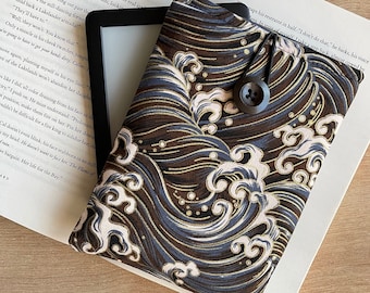 Japan Waves Kindle Sleeve, Waves Padded Kindle Pouch, Kindle Paperwhite Cover, Brown Waves Kindle Case, Kindle Oasis Fabric Bag
