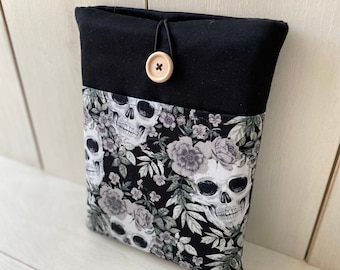 Sugar Skulls Book Sleeve, Padded Book Protector, Skeleton Book Pouch, Fabric Book Purse, Black Book Cover, Abstract Skeleton Book Bag