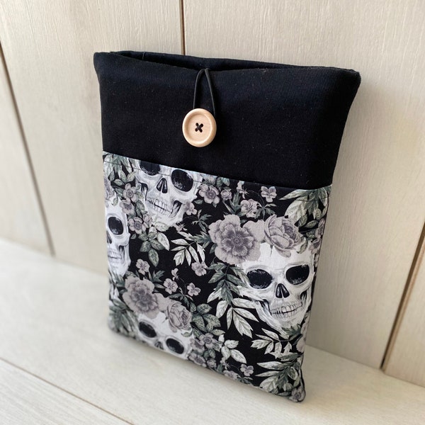Sugar Skulls Book Sleeve, Padded Book Protector, Skeleton Book Pouch, Fabric Book Purse, Black Book Cover, Abstract Skeleton Book Bag