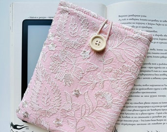 Beige Pink Embroidery Flowers Kindle Sleeve, Padded Kindle Paperwhite Cover, Floral Kindle Pouch, Kindle Basic Jacket, Book Accessories