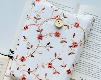 Embroidered Pink Flower Book Sleeve with Button Closure, Cozy Floral Book Pouch, Soft Padded Cover for Book Lovers, Book Protector