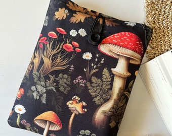 Mushroom Forest Book Sleeve, Padded Book Protector, Book Accessories, Mushrooms Book Cover, Book Pouch With Button Closure, Bookish Gift