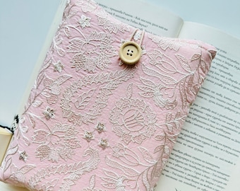 Pink Book Sleeve With Beige Fine Embroidery, Floral Padded Book Protector, Embroidery Flowers Book Pouch, Embroidery Book Jacket, Book Gift