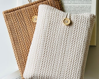 Beige & Brown Knitting Pattern Book Sleeve, Padded Book Protector, Book Pouch With Button Closure, Book Cover, Book Accessories, Book Bag