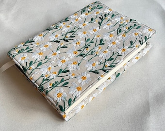 Embroidered Book Cover, Daisies Book Pouch, Custom Size Book Jacket, Adjustable Book Protector, Padded Book Cover, Book Lover Gift