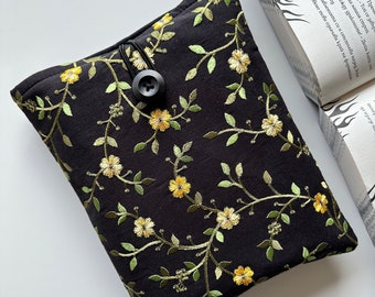 Embroidery Yellow Flower Book Sleeve, Embroidered Padded Book Cover, Book Accessories, Floral Book Pouch, Bookish Gift, Book Protector