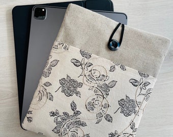 Linen Roses IPad Sleeve, Linen IPad Air Pouch, IPad Pro Cover, Tablet Sleeve, Padded Tablet Pouch, Tablet Jacket, IPad Tablet Case, IPad Pro