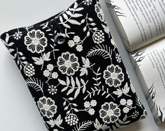 Black & White Floral Book Sleeve with Elegant Embroidery, Stylish Flower Cover, Padded Protector