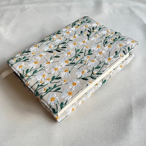 Embroidered Book Cover, Daisies Book Pouch, Custom Size Book Jacket, Adjustable Book Protector, Padded Book Cover, Book Lover Gift image 1