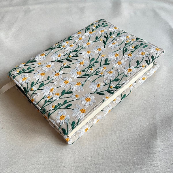 Embroidered Book Cover, Daisies Book Pouch, Custom Size Book Jacket, Adjustable Book Protector, Padded Book Cover, Book Lover Gift