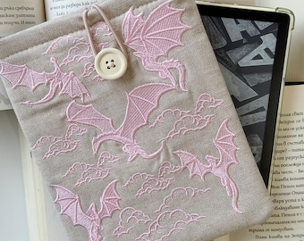 Dragon Wars Embroidery Kindle Sleeve, Embroidery Pink Dragon Cover, Unique Universal Kindle Cover, Padded Kindle Pouch, Book Lover Gift