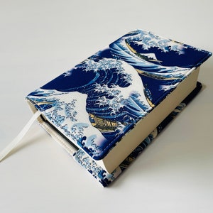 Adjustable Japan Waves Book Cover, Padded Abstract Book Protector, Blue Waves Book Pouch, Watercolour Waves Book Jacket, Book Lover Gift