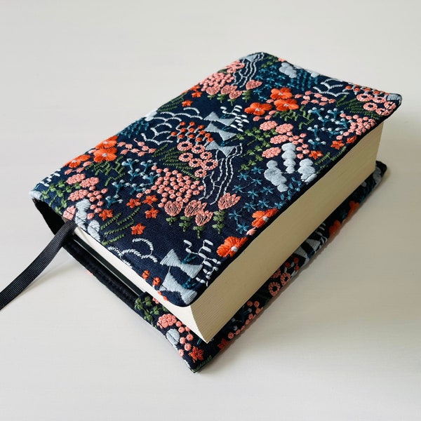 Embroidered Book Cover, Flower Book Pouch, Custom Size Book Jacket, Adjustable Book Protector, Padded Book Cover, Book Lover Gift, Bookworm