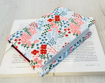 Embroidered Book Cover, Flower Book Pouch, Custom Size Book Jacket, Adjustable Book Protector, Padded Book Cover, Book Lover Gift, Bookworm