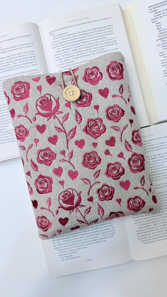 Burgundy Roses Embroidery Book Sleeve – Handmade Padded Book Cover, Floral Fabric Protector by Lullaby Crafts World