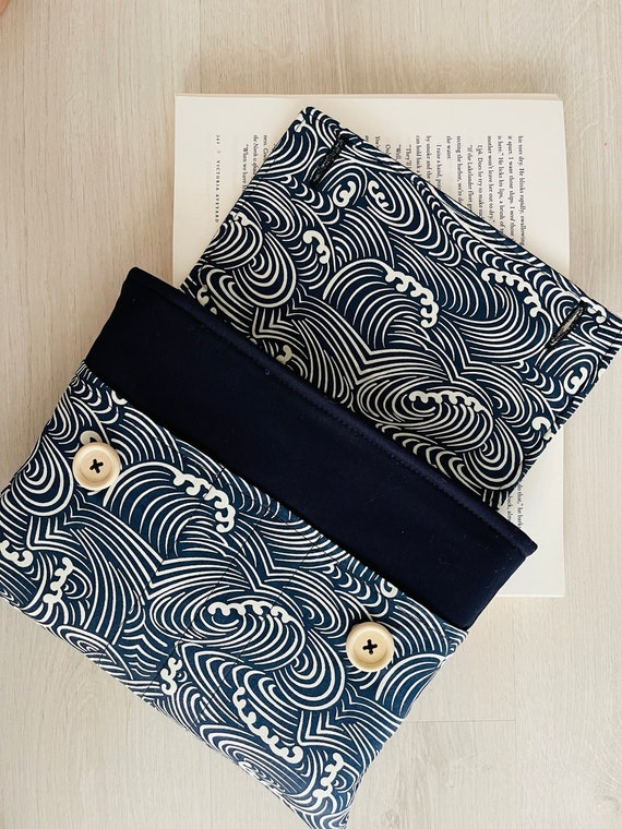 Japan Waves Book Purse, Abstract Waves Book Cover, Padded Book Sleeve, Blue Waves Book Pouch, Japan Book Jacket, Bookworm Gift, Book Bag