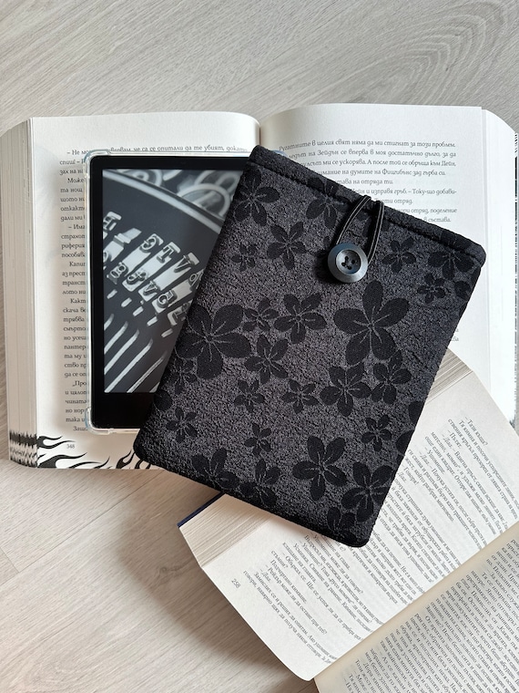 Embossed Flowers Kindle Sleeve, Floral Kindle Paperwhite Pouch, E-reader Protector, Padded Kindle Cover, Book Lover Gift, Black Floral Case
