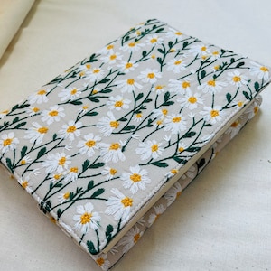 Embroidered Book Cover, Daisies Book Pouch, Custom Size Book Jacket, Adjustable Book Protector, Padded Book Cover, Book Lover Gift image 2