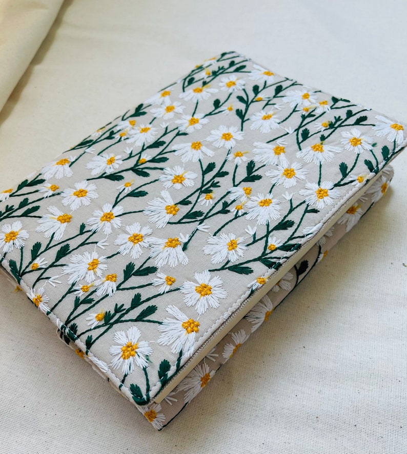 Embroidered Book Cover, Daisies Book Pouch, Custom Size Book Jacket, Adjustable Book Protector, Padded Book Cover, Book Lover Gift image 2