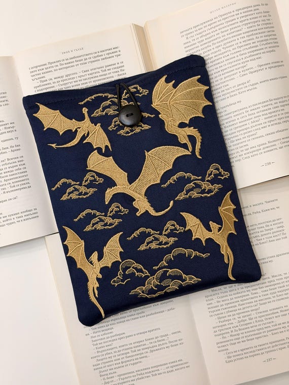 Dragons Book Sleeve – Embroidered Padded Fabric Cover, Handmade Gift for Readers