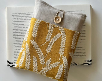 Embroidery Leaves Book Sleeve, Linen Mustard Embroidered Leaves Book Cover, Padded Book Pouch With Pocket, Book Accessories, Book Lover Gift