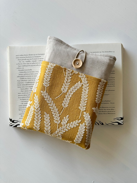 Embroidery Leaves Book Sleeve, Linen Mustard Embroidered Leaves Book Cover, Padded Book Pouch With Pocket, Book Accessories, Book Lover Gift