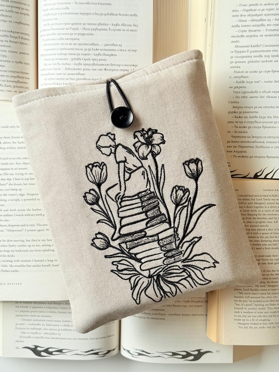 Book Flower Girl Embroidery Book Sleeve, Padded Embroidered Book Protector, Reading Books Book Cover, Embroidery Book Pouch