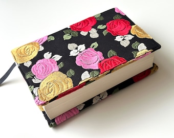 Embroidery Roses Book Cover With Elastic Closure, Adjustable Book Jacket, Padded Book Hardcover Protector, Flower Book Sleeve, Book Pouch