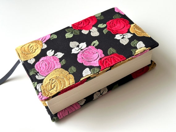 Embroidery Roses Book Cover With Elastic Closure, Adjustable Book Jacket, Padded Book Hardcover Protector, Flower Book Sleeve, Book Pouch