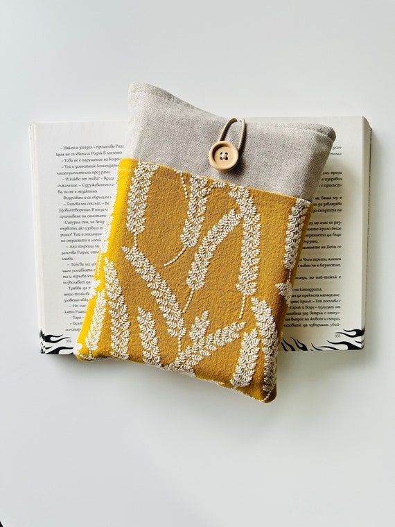 Embroidery Leaves Book Sleeve, Mustard Embroidered Leaves Book Cover, Padded Book Pouch With Pocket, Book Accessories, Book Lover Gift