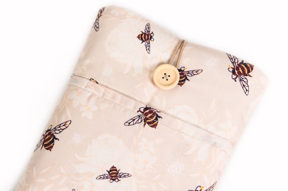 Bee padded book sleeve with Pocket, Bumblebee Fabric Padded Notebook Sleeve, Button Closure Book Cover Custom Size, Graphic Artist Gift,Book