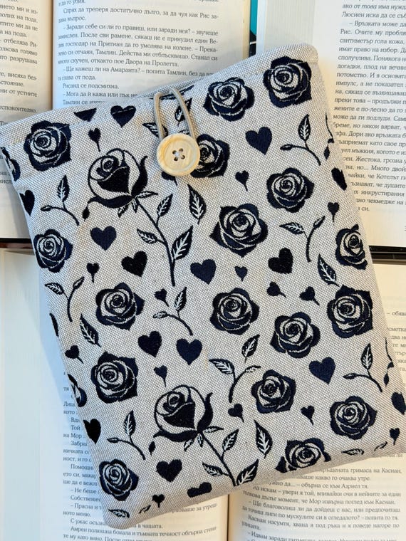 Black Roses Embroidery Book Sleeve – Handmade Padded Book Cover, Gothic Floral Fabric Protector by Lullaby Crafts World