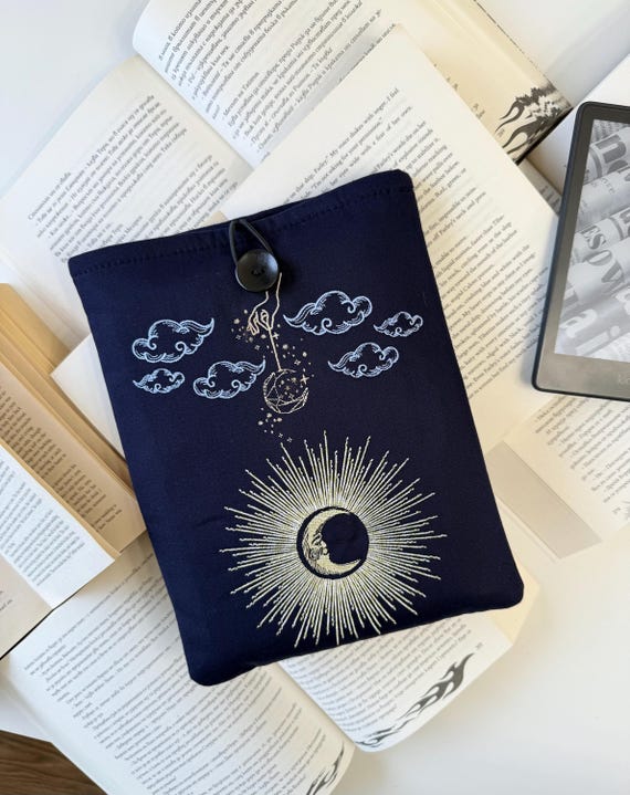 Abstract Sun & Moon Embroidery Book Cover, Custom Padded Book Sleeve, Celestial Design with Own Embroidery, Unique Reading Accessory