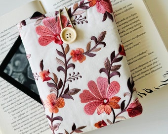 Fine Embroidery Flower Kindle Sleeve, Peach Pink Floral Kindle Cover, Padded Kindle Pouch, Book Accessories, Kindle Paperwhite Case, Kindle