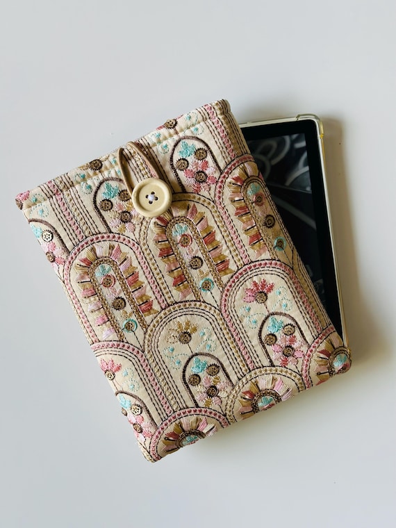 Beige Abstract Embroidery Kindle Sleeve, Kindle Cover, Padded Kindle Pouch, Book Accessories, Kindle Paperwhite Case, Book Lover Gift