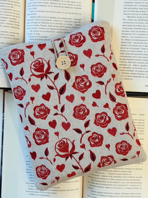 Red Roses Embroidery Book Sleeve – Handmade Padded Book Cover, Gothic Floral Fabric Protector by Lullaby Crafts World
