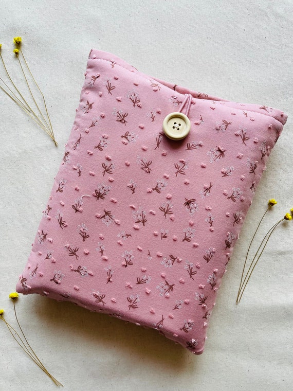 Mini Flowers Book Sleeve, Padded Book Protector, Fabric Book Pouch, Floral Book Bag, Bookworm Gift, Pink Book Jacket, Book Lover Gift